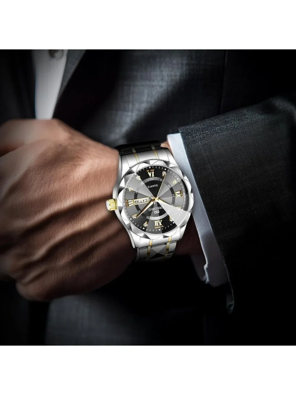 Mens Silver Black Stainless Steel Waterproof Diamond Analog Luminous Wrist Watch